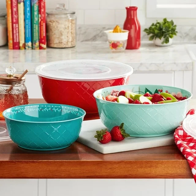 Pioneer Woman Merry Meadow Bowl W Lids Embossed Melamine 6pc Set Green Red New