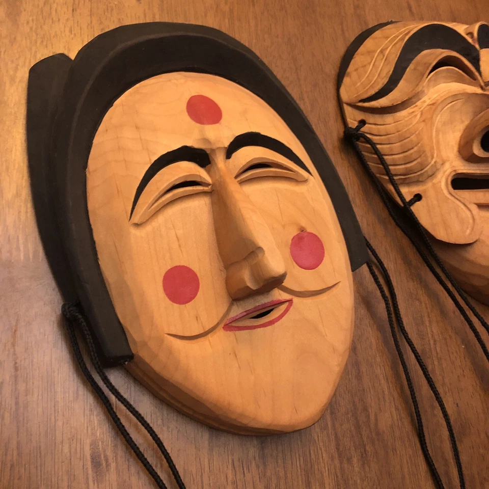 Винтажный ручной резьбы деревянные маски Hahoe традиционный Корея набор из 2 мужчин женщина настенное искусство - Изображение 4 из 4
