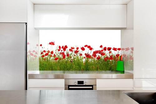 Any Size Printed Glass Splashback for Kitchen Red Poppy on White Any Size Printed Glass Splashback for Kitchen Red Poppy on White