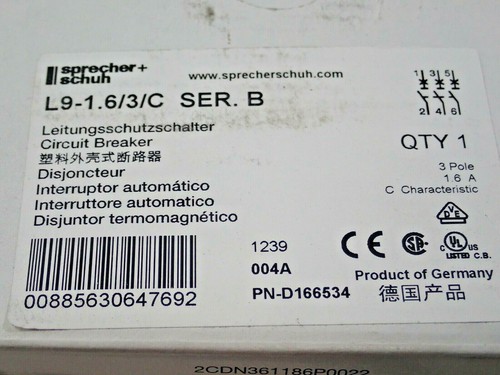 SPRECHER+SCHUH L9-1.6/3/C SER B CIRCUIT BREAKER 3 POLE 1.6A NEW - Picture 2 of 11