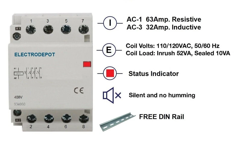Contactor 4 Pole, 40Amp Coil 110V 120VAC 30A, 50A N/O Silent, FREE DIN Rail 40A - Image 3 of 3