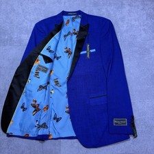 Paisley  Gray Blazer Mens 40R Blue Plaid Rayon Butterfly Lining Modern NEW 179