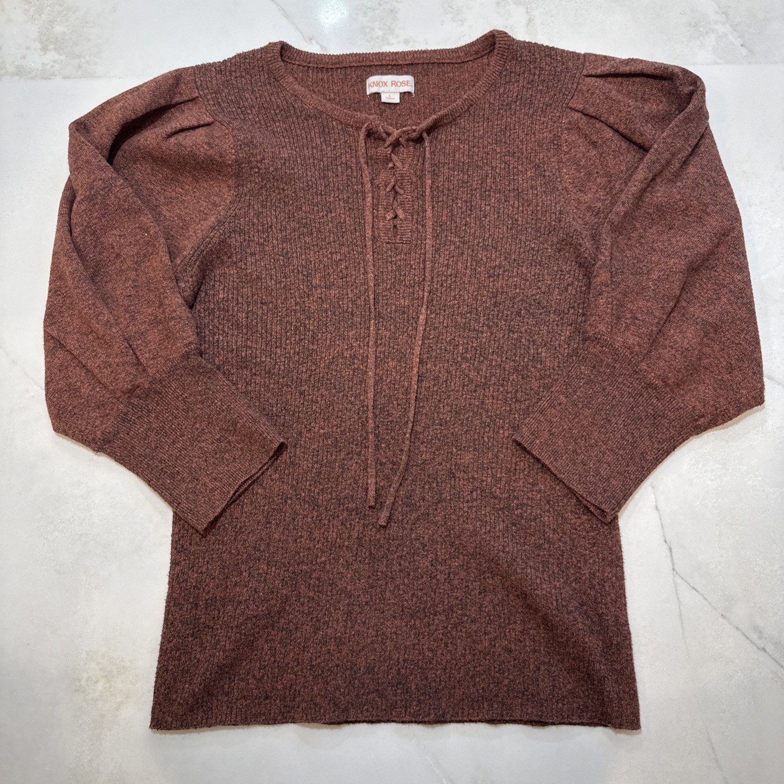 Knox Rose Women’s Lace Up Knit Sweater Brown Puff Sleeve Pullover Large