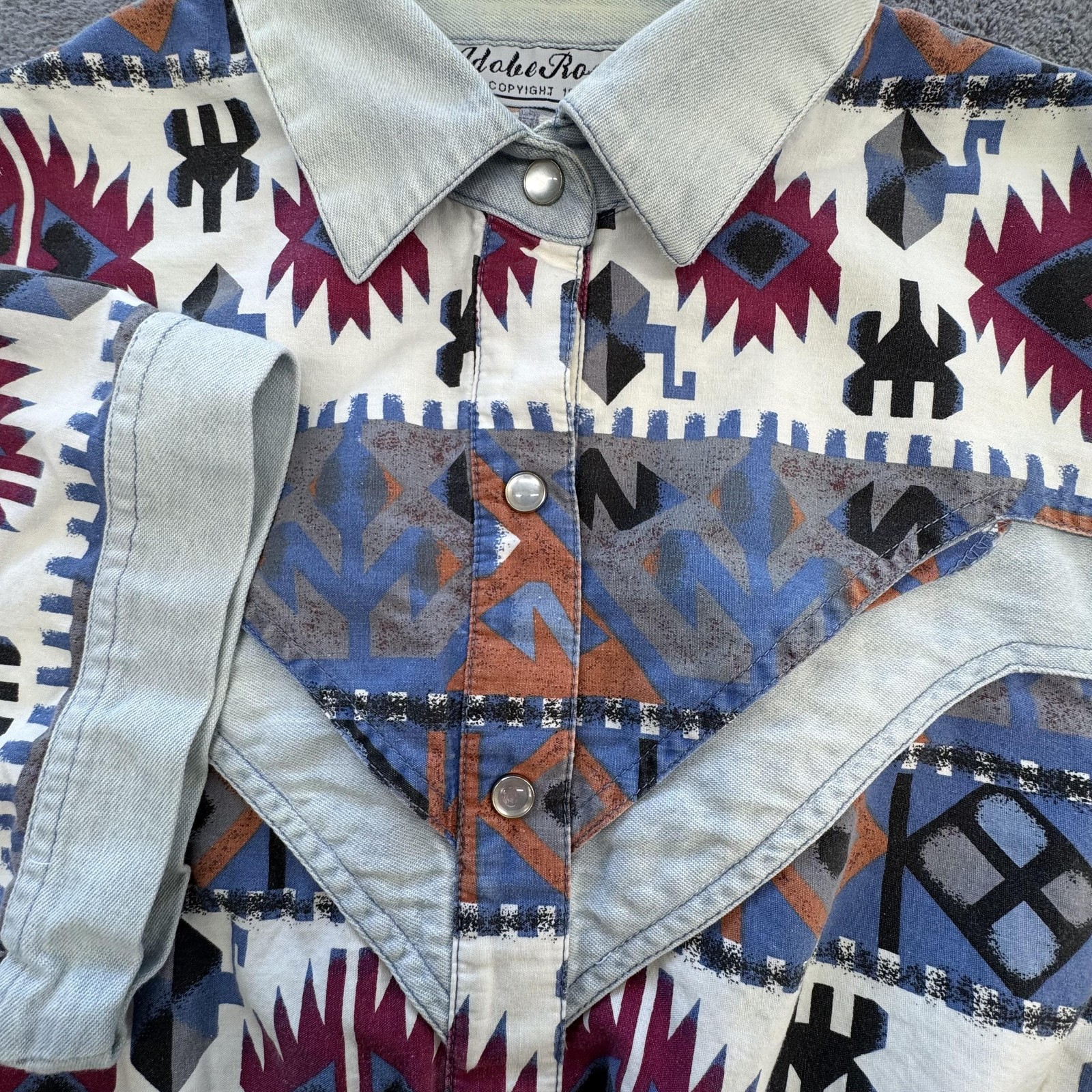 Vintage Adobe Rose Shirt Blouse M Button-Up Womens Multicolor Cropped 90s