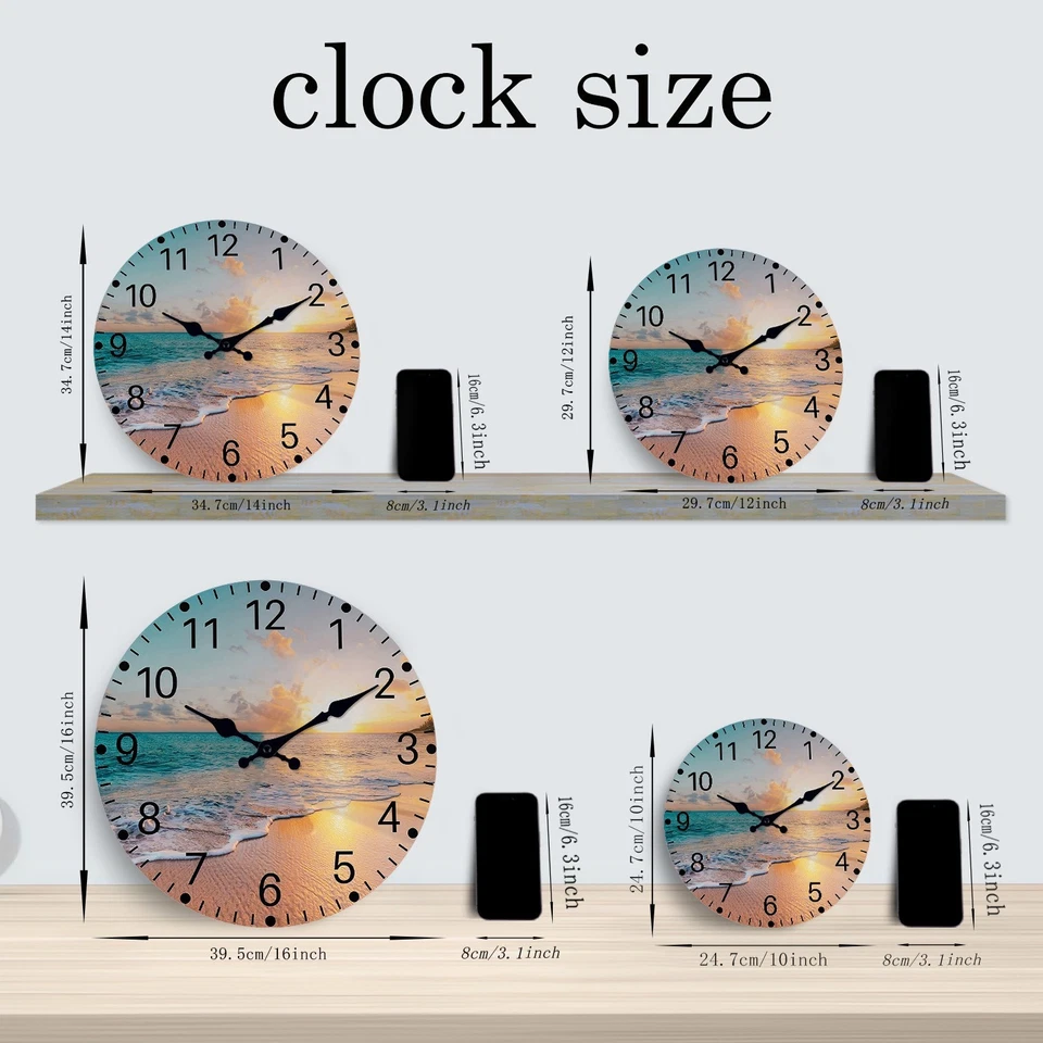 Reloj de pared de madera para playa atardecer grande silencioso reloj de cuarzo decoración de sala de estar Foto 3 de 4