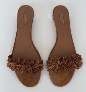 AQUAZZURA BROWN SUEDE LEATHER FRINGE MULES FLATS SLIDES 42