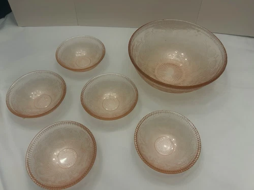 6 Piece Strawberry Etched Pink Depression Glass Bowl Set