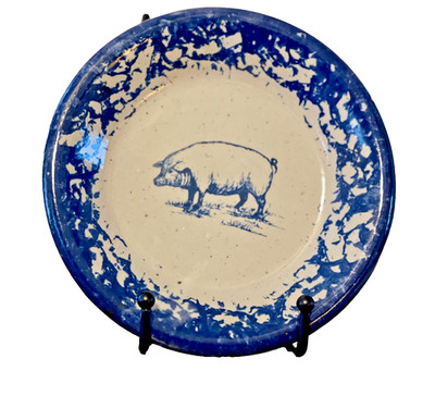 Vintage 1989 BASTINE Blue Spongeware Stoneware Plate - Pig Design - Hand Signed