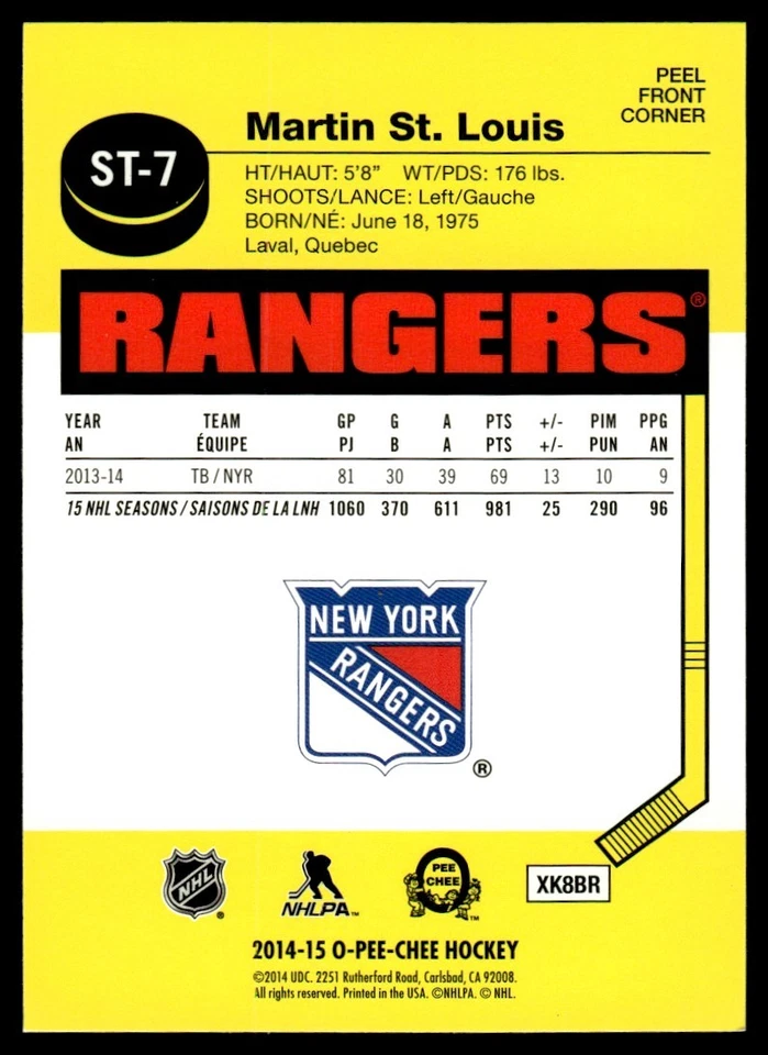2014-15 O-Pee-Chee Stickers Martin St. Louis New York Rangers #ST-7 - Image 2 of 2