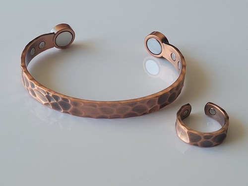 Hammered Solid Copper Magnetic Bracelet Ring Set Arthritis Therapy Cuff & Ring - Picture 3 of 10