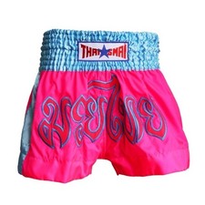 THAISMAI Muay Thai Shorts Thai Boxing  XL Fuchsia with Blue Stripe Nylon Unisex