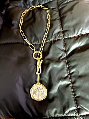 Gold Paper Clip Chain Necklace Lariat Style w Double Sided Pendant