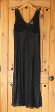 Vtg L Black Satin Lace Maxi Slip Dress Flowy Whimsygoth Y2K Sheer Layer Babydoll