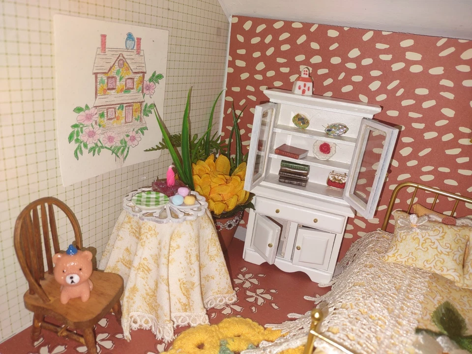 Lote de móveis para casa de bonecas 1:12 conjunto de quarto fio dourado cama cabana decoração cadeira mesa - Imagem 4 de 4