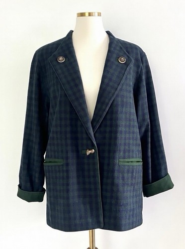 Steinbock, Steinbock Wool Blend Green Blue Plaid Buttoned Blazer Coat sz 6 Made in Austria