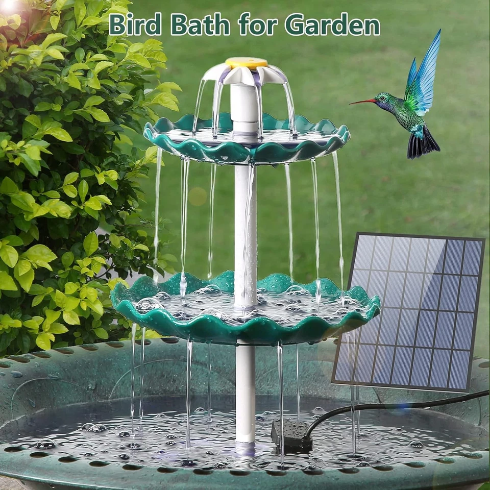 Baño para Pájaros de 3 Niveles con Bomba Solar de 3.5W Fuente Solar Bomba de Agua para Jardín Foto 3 de 4
