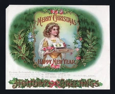 RARE Old Original MERRY CHRISTMAS HAPPY NEW YEAR Sample Cigar Label - GIRL