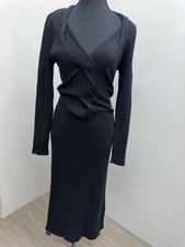 DKNY Black Long Sleeve Sheath Midi Dress L Rib Knit V Neck
