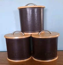 ​Set of 3 Luxury Leather & Wood Kitchen Canisters Tea Coffee Sugar Jars Rustic