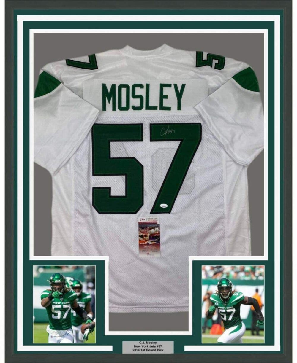 C.J. Mosley Autographed Signed New York Jets Framed / CJ 35x39 New York White Jersey JSA COA 