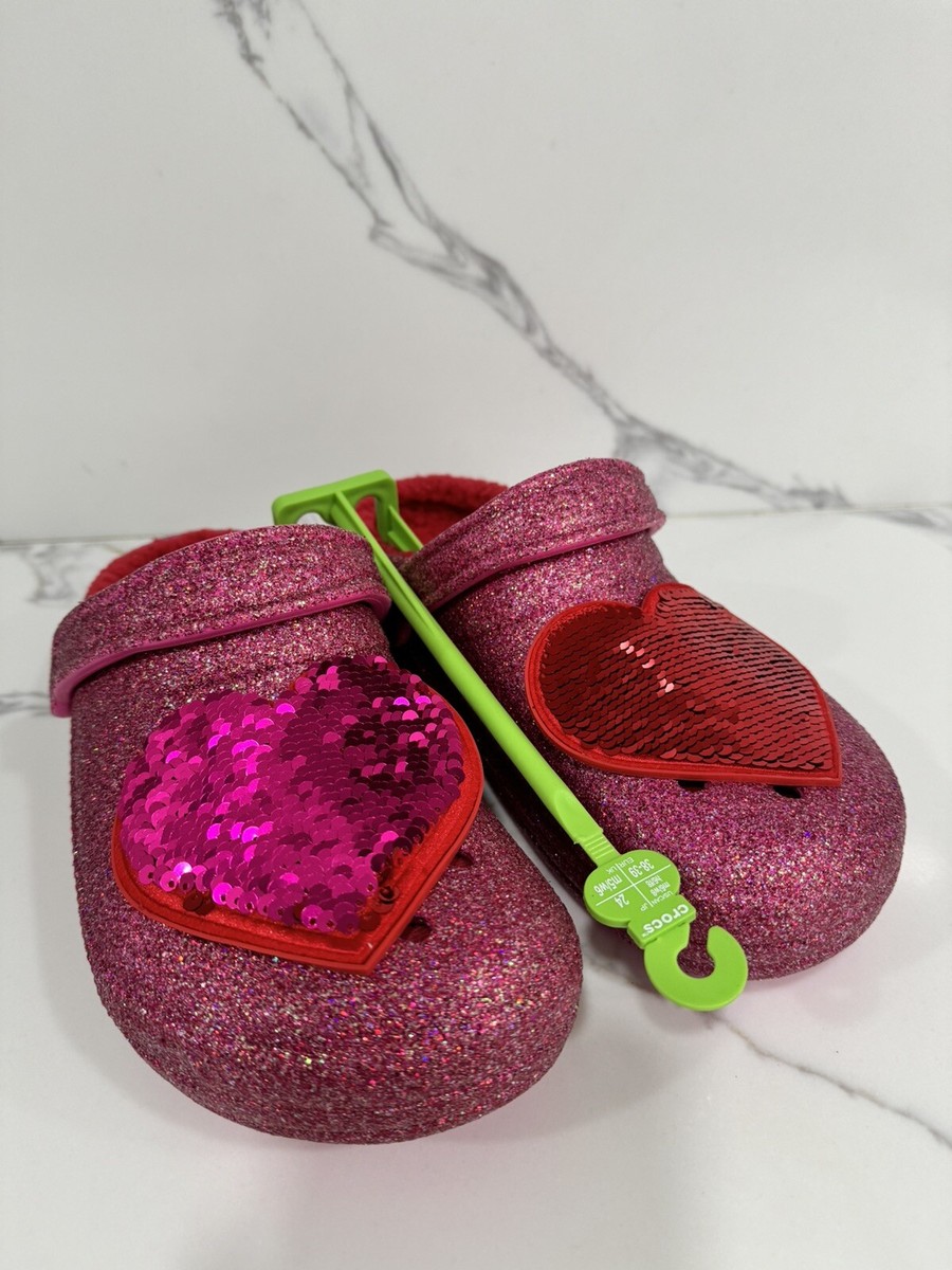 CROCS Classic Lined Pink Glitter Heart Clog Valentine's Day Sequin