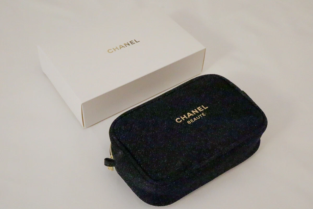 CHANEL Beaute Cosmetic Makeup Bag Pouch Clutch Sparkling BLACK GOLD w/ gift  box