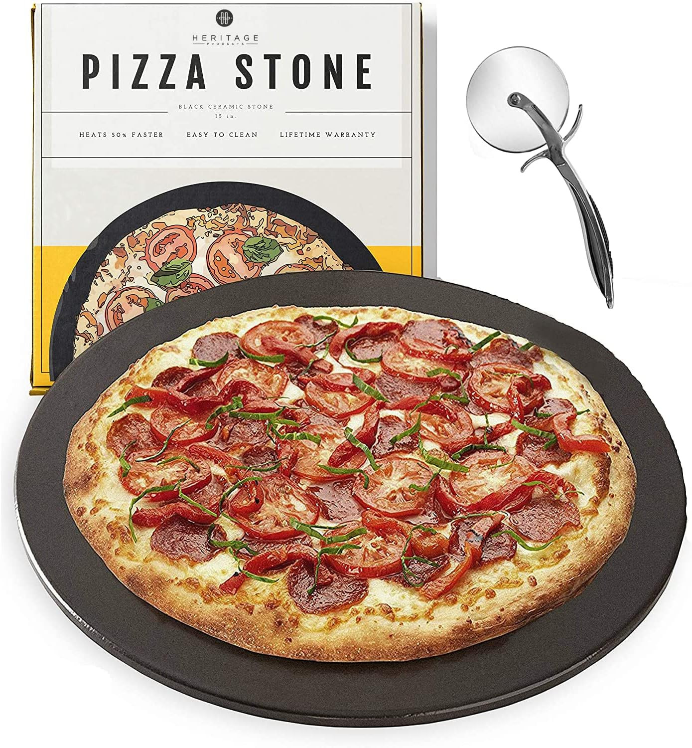 15" Ceramic Pizza Stone Set - Non-Stick, Stain-Free with Bonus Cutter - Black