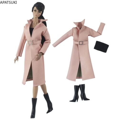 Rosa Lederkleidung Set für Barbiepuppe Outfit Mode Langer Trenchcoat Top Stiefel - Bild 1 von 3