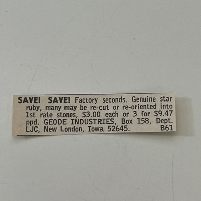 Geode Industries Genuine Star Ruby New London IA 1968 Ad SAH8-S41