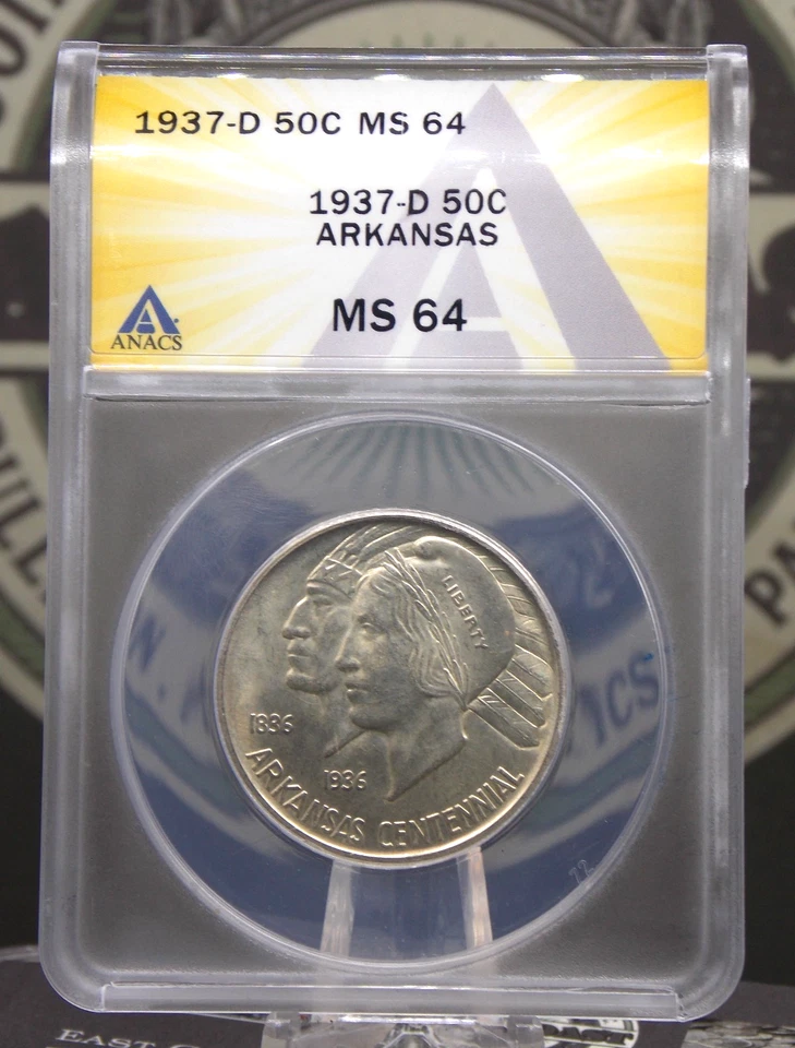 1937 "D" Commemorative *ARKANSAS* Half Dollar 50c ANACS MS64 #173 Unc BU ECC&C - Image 3 of 4