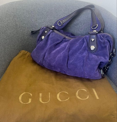 GUCCI Solid Shoulder Hand Bag Ziplock Leather Suede Purple Black Silver Hardware