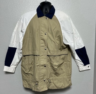 VINTAGE Andy Jones Men s M Colorblock Jacket Beige White Navy Full Snap Front