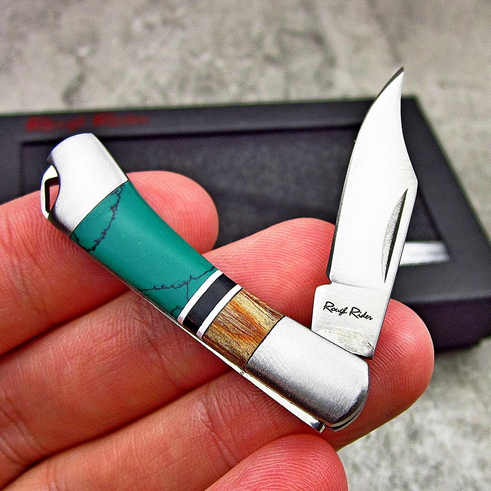 Rough Rider Turquoise & Brown Wood Handles Mini Folding Keychain Pocket Knife - Image 3 of 3