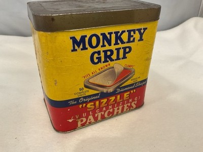 Vintage Monkey Grip ''sizzle'' vulcanizing patches small tin cardboard box