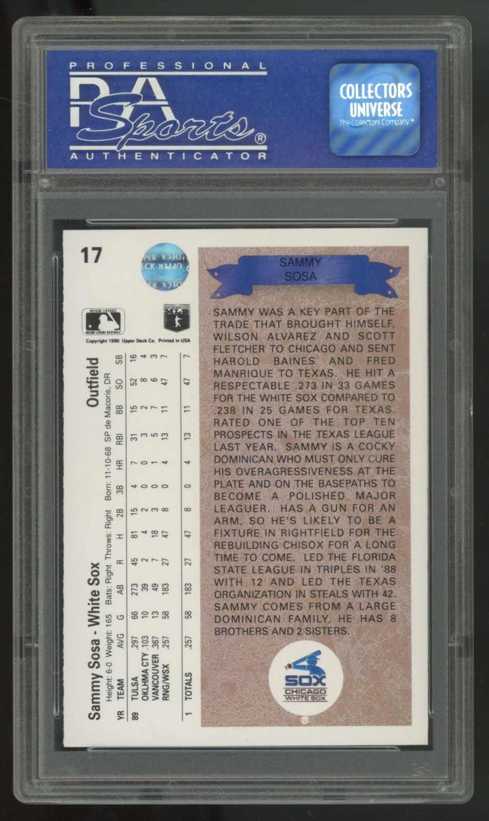1990 Upper Deck Sammy Sosa RC Star Rookie #17 PSA 9 view 2