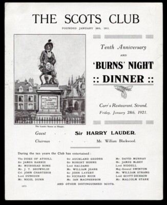 SCOTS CLUB 10th ANNIVERSARY BURNS NIGHT DINNER CARR'S STRAND SIR HARRY LAUDER