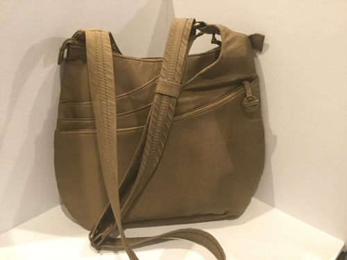 Travelon Cross Body Shoulder Handbag Tan Satin Finish Fabric H3 - Picture 2 of 9