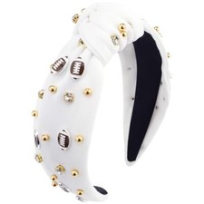 Football Headband for Women Pearl Rhinestone Jeweled Knotted Headband Top White