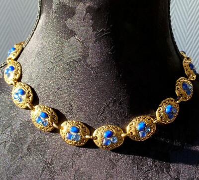 Collier Taratata Vintage Doré Et Bleu - Métal Et Perles, Occasion, Style Design Rétro