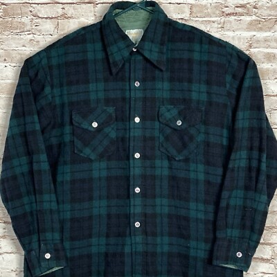 Vintage Christopher Hall Wool Button Up Shirt Mens Large Green Black Washable