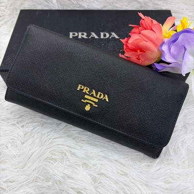 Prada Long Wallet Saffiano Leather In Black RFID-Bestückt Gebraucht In Good...