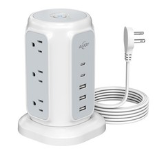 Flat Plug Power Strip Tower 9 Outlets and 5 USB Ports 2 USB-C , 1200J Surge ...