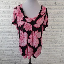 Rafaella Womens Top Extra Large XL Tee Pink Floral Draped Neck Poly Blend Casual