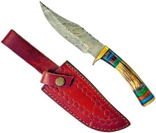 Vintage Stag Handle Fixed Blade Knife Damascus Blade Knives & Leather Sheath
