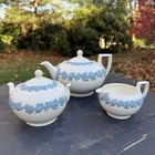 Wedgwood Queen's Ware Lavender on Cream Tea Set Teapot Creamer Sugar Bowl