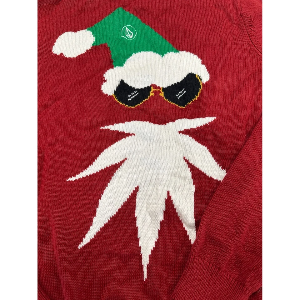 Volcom Mens Red Christmas Sweater Santa Hat Sunglasses Beard Ugly Holiday Knit M - Image 2 of 4