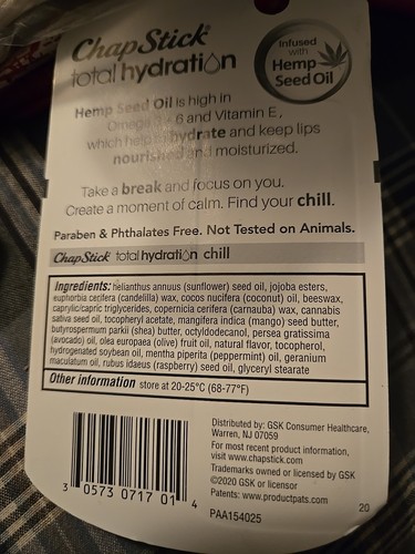 ChapStick Total Hydration Hemp Seed Oil .12 oz Lip Balm Non-Tinted, Pataben Free - Picture 3 of 4