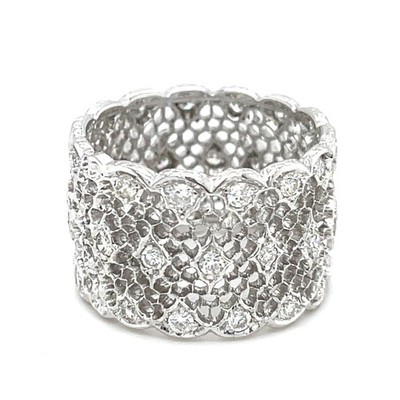 Buccellati 18k Weißgold Tüll Broccato Band Ring Diamant Akzente Größe 6,75