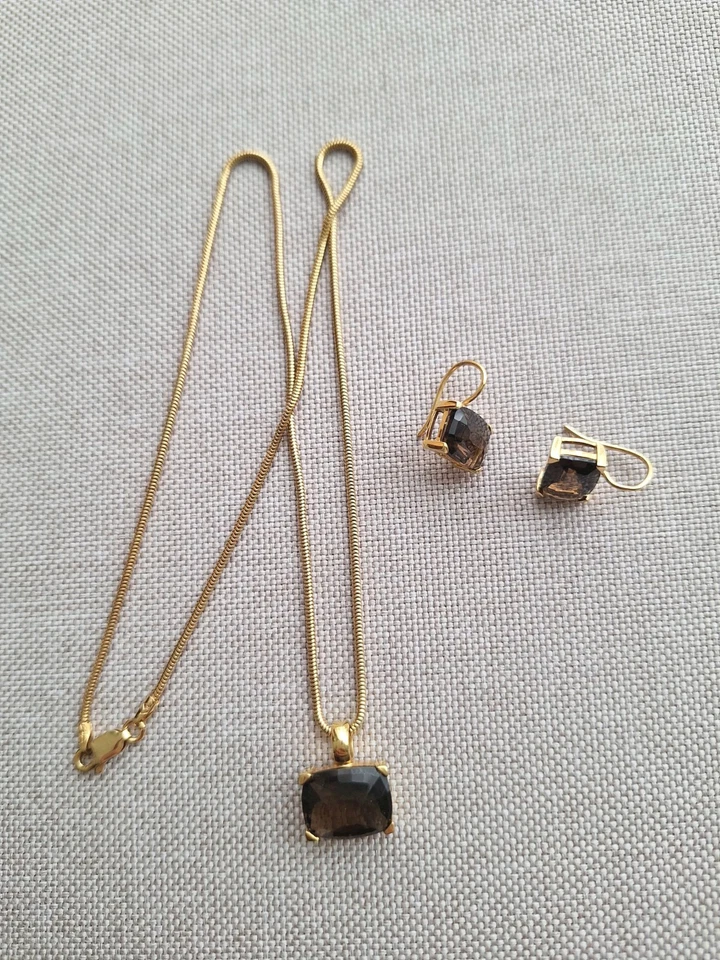 Schmuckset Kette+Anhänger und Ohrringe Gold 585 mit Rauchquarz -mit Zertifikat!