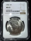 1922 $1 Peace Dollar 90% Silver NGC MS63 US Coin